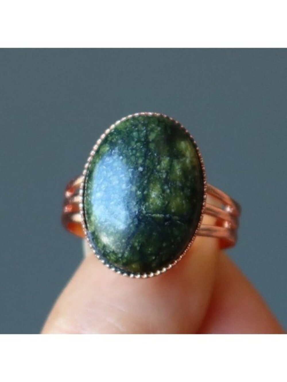 Serpentine Ring Green Stone Oval Copper Adjustable Boho Jewelry